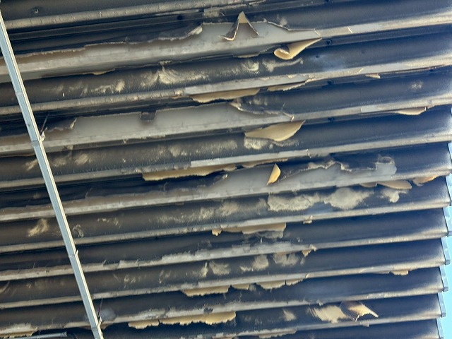 稲敷市で工場屋根の現地調査 軒天（庇裏）の塗装剥がれと下地露出を確認しました